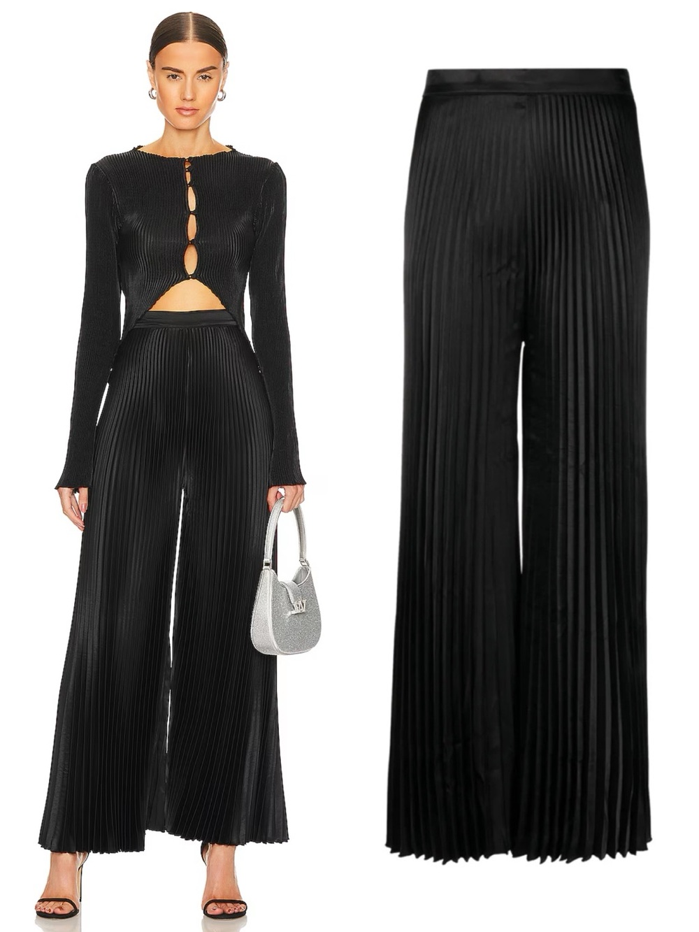 L’DÉE • Bisous Pleated Pant black satin wide leg palazzo accordion high waist